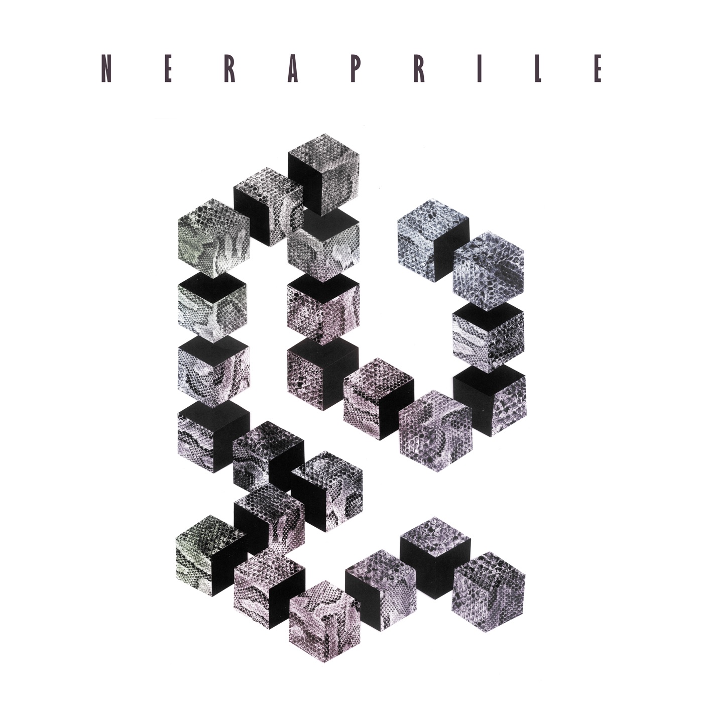 Neraprile — copertina del disco: cubi isometrici con texture di pelle di serpente su fondo bianco
